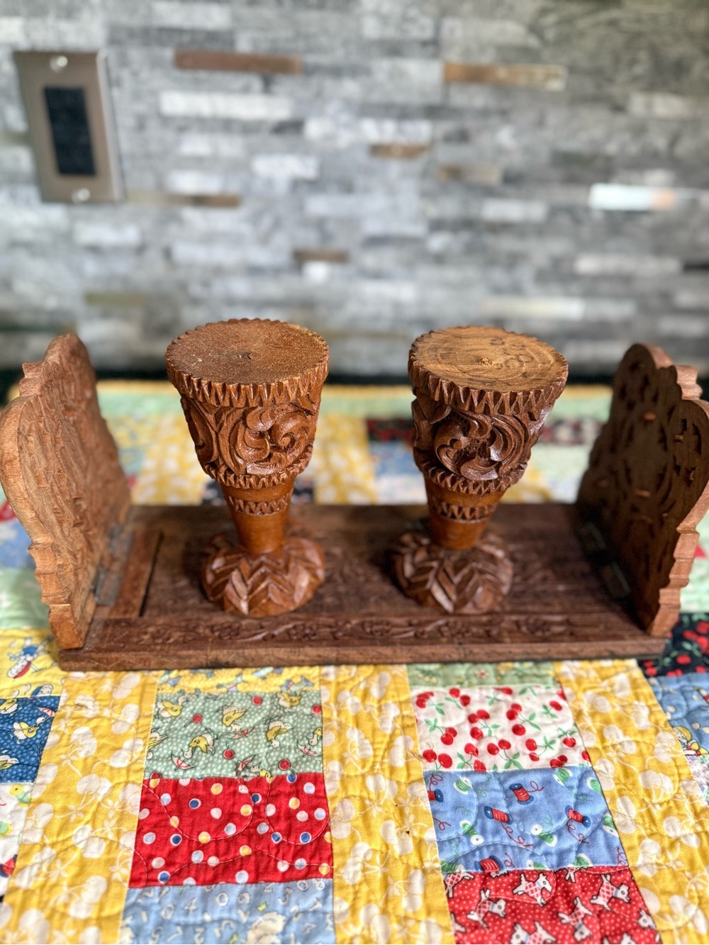 Vintage Boho Teakwood Bookshelf and Candleholders Set